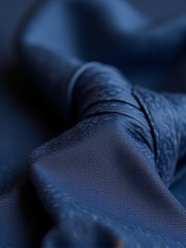 A close-up of a luxurious midnight blue silk tie, showcasing its smooth texture and subtle sheen.