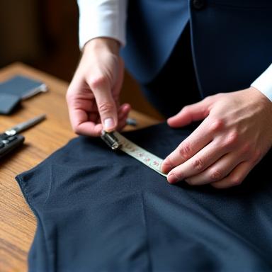 Close-up of a master tailor taking precise measurements for a custom suit jacket with various tools on a wooden table.